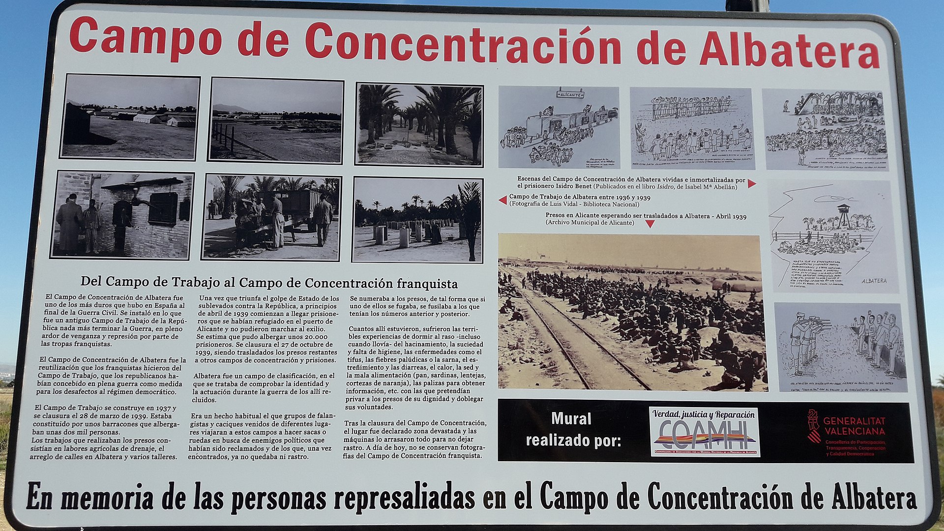 Panel informativo en las inmediaciones del terreno donde se ubicó el campo de concentración franquista de Albatera (San Isidro, Alicante), que albergó prisioneros republicanos en 1939 en lo que fue campo de trabajo de la Segunda República durante parte de la Guerra Civil (1937-1939). Cartel instalado en 2020.