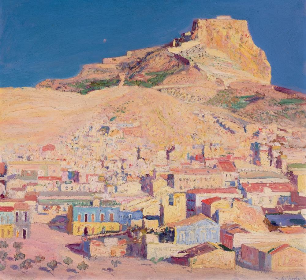 VARELA, EMILIO (1887 - 1951). "En Benacantil desde les Oliveretes". Óleo sobre cartón. Firmado en el ángulo inferior derecho. Obra realizada hacia 1918. Bibliografía: reproducido en "Homenaje 50 aniversario Emilio Varela 1887-1951" por José Bauzá LLorca, página 59 y "Emilio Varela" por José Bauza, Editado por CAM Alicante 1990, página 58. 53 x 49 cm